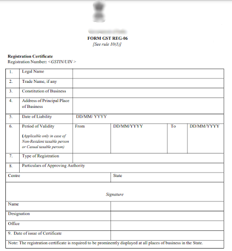 Sample GST Registration Certificate – Form GST REG-06
